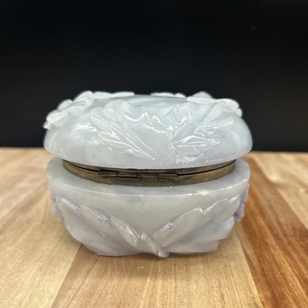 Vintage alabaster Trinket Box With Hinged Lid Carved Stone